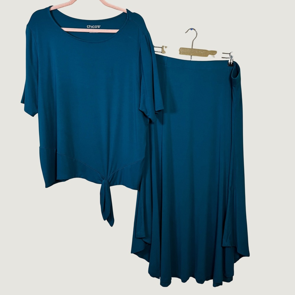 Chico's 2 Pc Skirt Set XXL Teal Blue Tie Front Top High Low Maxi Skirt Stretch